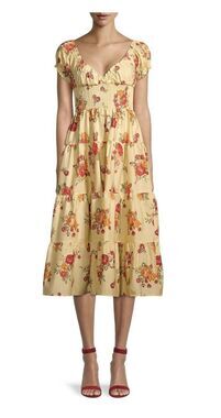 Danielle Bernstein Women's Yellow Floral Tiered Smocked Dress Medium Milkmaid